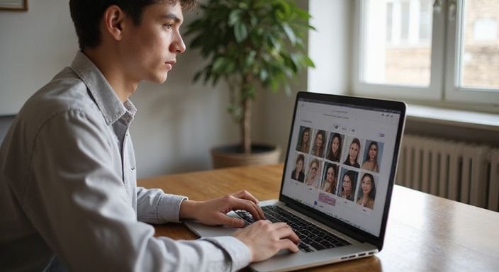 Een persoon zit aan een bureau met een laptop en webcamprofielen voor trans webcamsex