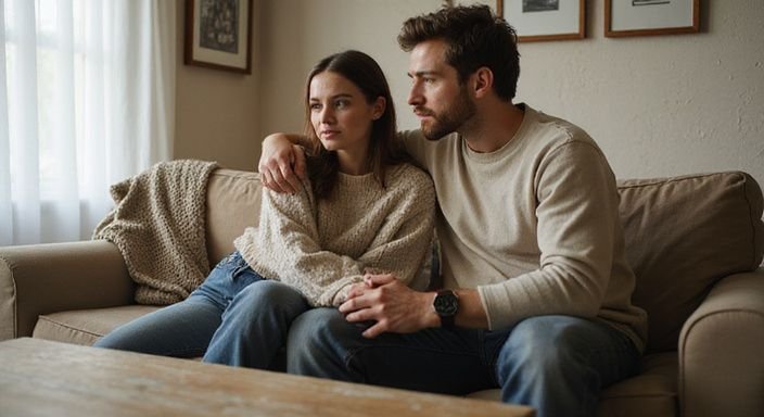 Een man en vrouw zitten dicht bij elkaar en bespreken iets serieus