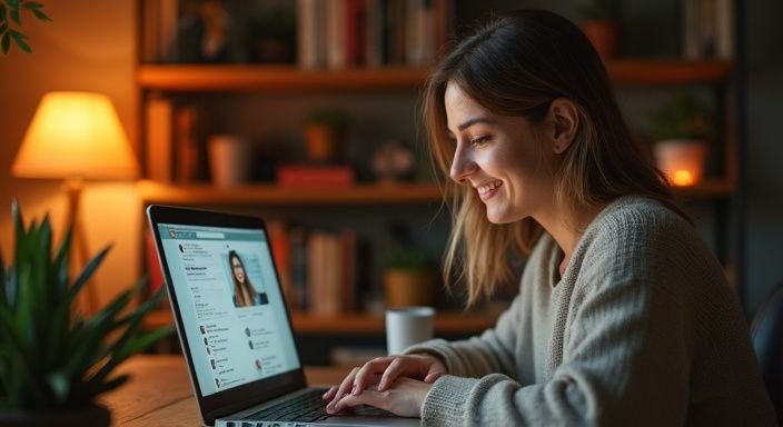 Een glimlachende transgender persoon aan het typen op hun laptop