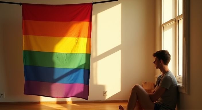 Een kleurrijke regenboogvlag hangt vredig aan een zwart metalen stok