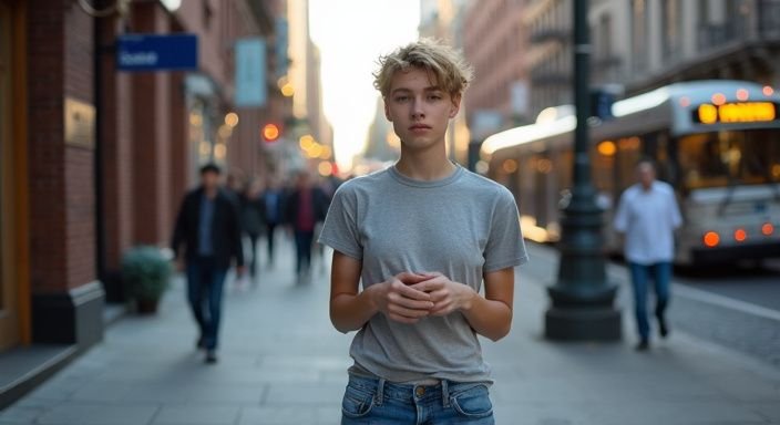 Een jonge volwassene reflecteert rustig op een drukke stadsstraat