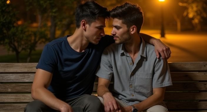 Twee jonge mannen delen een intiem moment op een parkbank