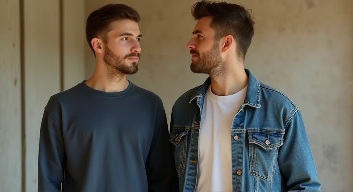 Twee jonge mannen in een ontspannen, ondersteunende houding naast elkaar