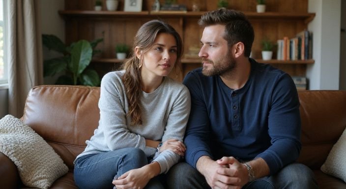 Een vrouw en een man zitten samen op een leren sofa