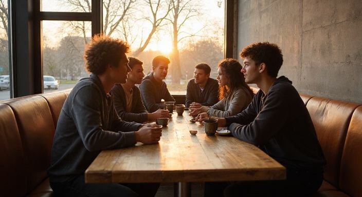 Een diverse groep jongeren geniet van een gezellige bijeenkomst in een café. Een diverse groep jongeren geniet van een gezellige bijeenkomst in een café.