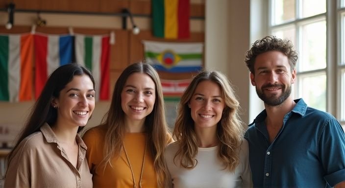 Een groep ontspannen mensen poseert voor een muur met vlaggen. Een groep ontspannen mensen poseert voor een muur met vlaggen.