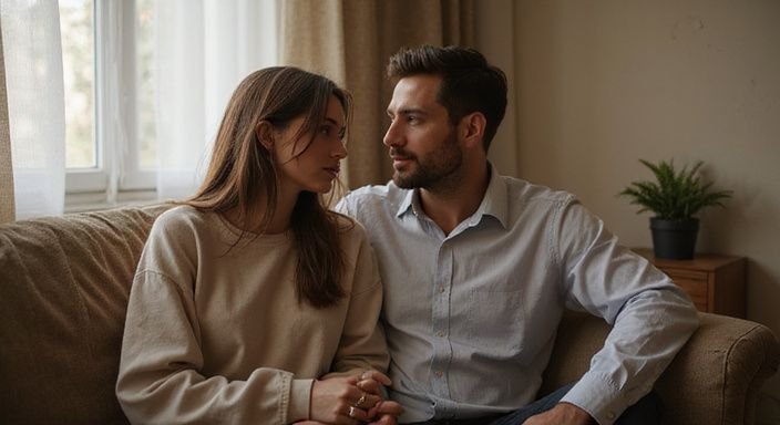 Een vrouw en man delen een intiem moment op een sofa