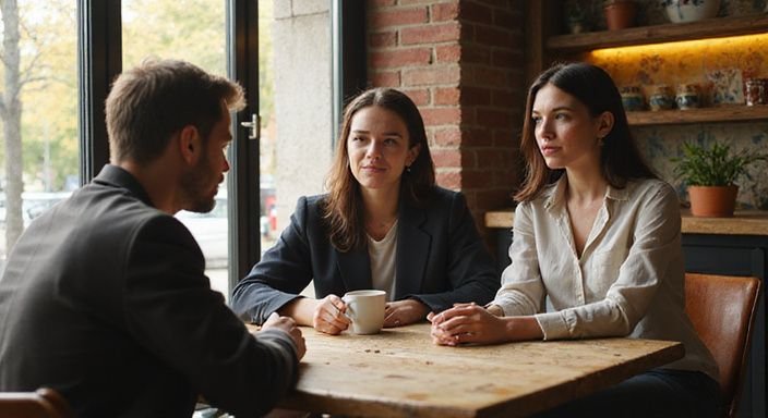 Een groep mensen in een café heeft een levendig gesprek