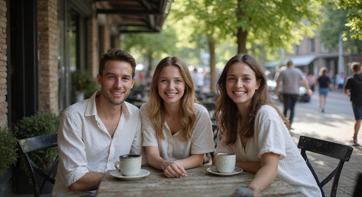 Een ontspannen gesprek tussen drie mensen aan een houten tafel