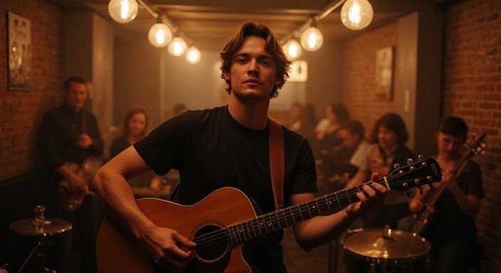 Een transgender muzikant staat vol concentratie op het podium