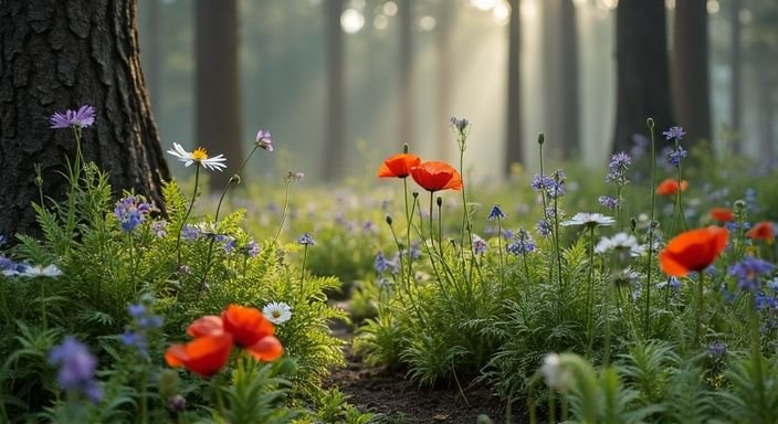 Een rustige bosopening met bloemen en vogels in de ochtendmist