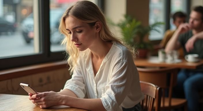 Een transgender vrouw zit contemplatief alleen aan een cafeetafel