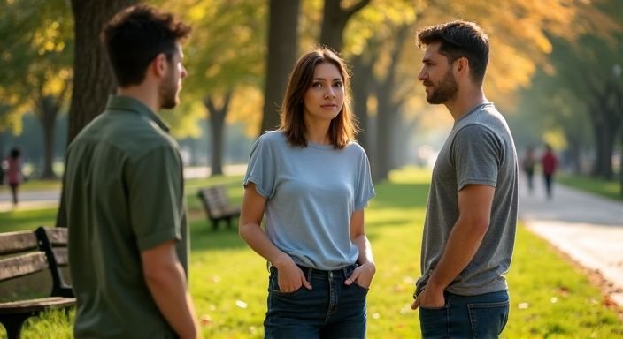 Drie mensen hebben een levendig gesprek in een stadspark