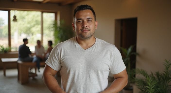 Een zelfverzekerde persoon in een ontspannen houding in een gemeenschappelijke ruimte