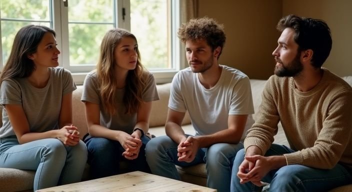 Een diverse groep vrienden bespreekt genderidentiteit in een informele setting