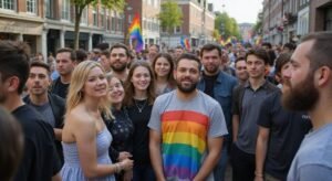 Een diverse groep mensen viert solidariteit tijdens een Pride parade in Amsterdam