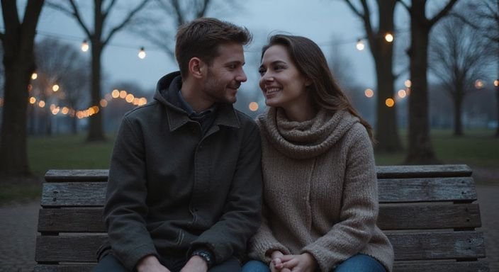 Twee mensen zitten dichtbij op een versleten houten bank in een park. Twee mensen zitten dichtbij op een versleten houten bank in een park.