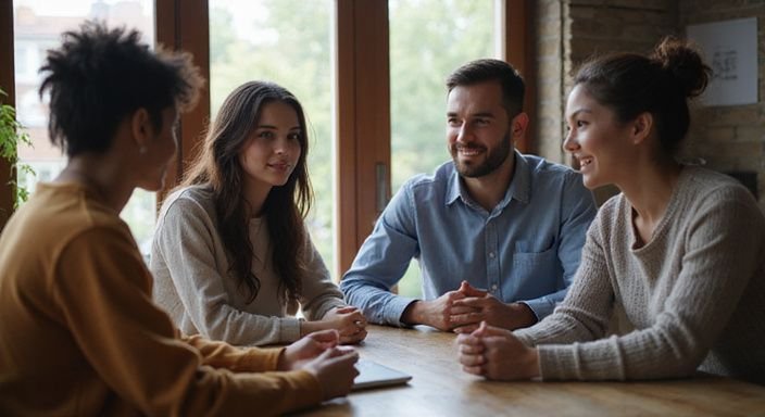 Een diverse groep mensen geniet van authentieke gesprekken op een datingplatform. Een diverse groep mensen geniet van authentieke gesprekken op een datingplatform.