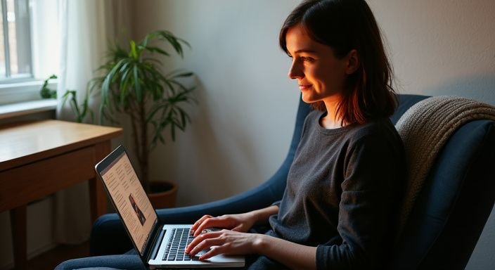 Een persoon met een glimlach gebruikt hun laptop voor online daten. Een persoon met een glimlach gebruikt hun laptop voor shemale dating nederland.