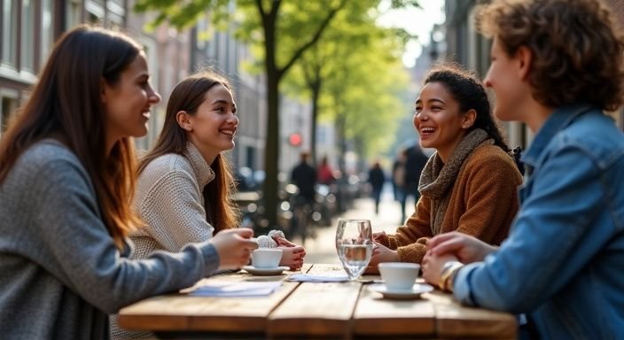 Vijf jongvolwassenen genieten van een levendig gesprek in een café. Vijf jongvolwassenen genieten van een levendig gesprek over shemale dating nederland in een café.
