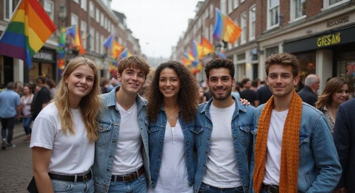 Een groep jonge volwassenen viert vreugde tijdens een Pride-parade. Een groep jonge volwassenen viert vreugde tijdens een Pride-parade.