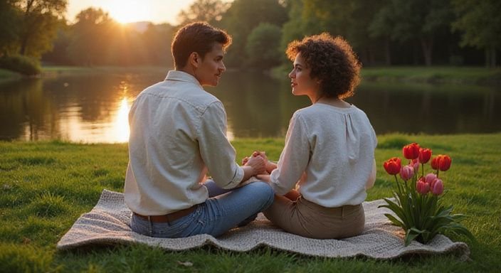 Een stel geniet van een intiem picnic in een park. Een stel geniet van een intiem picnic in een park.