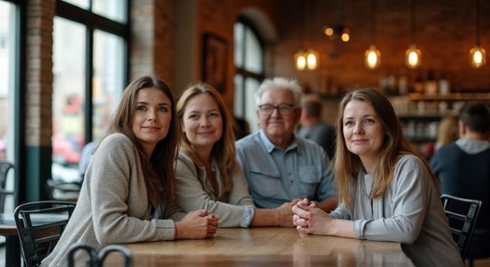 Een diverse groep transgender individuen geniet van elkaar in een café. Een diverse groep transgender individuen geniet van elkaar in een café.