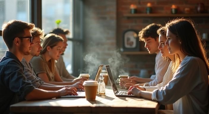 Zes personen werken samen aan een online datingsite in een café. Zes personen werken samen aan een online datingsite in een café.