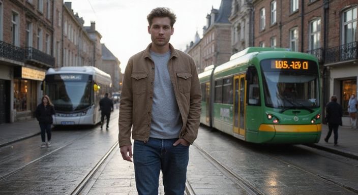 Een persoon wandelt doelbewust naar een parkeerplaats in Antwerpen. Een persoon wandelt doelbewust naar een parkeerplaats in Antwerpen.