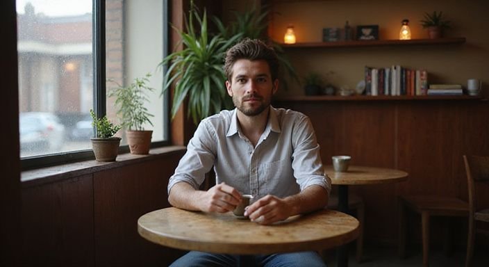 Een persoon zit nadenkend alleen aan een houten tafel in een café. Een persoon zit nadenkend alleen aan een houten tafel in een café.