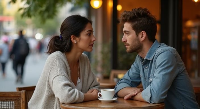 Een vrouw en een man delen een intiem gesprek aan een cafétafel. Een vrouw en een man delen een intiem gesprek over transgender sexcontact Antwerpen aan een cafétafel.