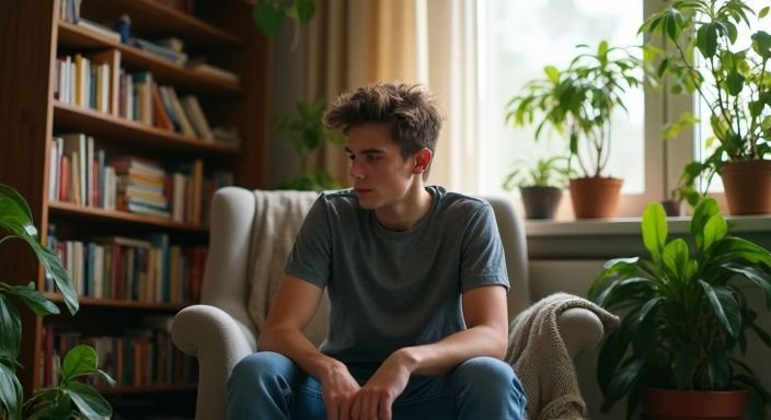 Een jongvolwassen persoon zit alleen in een warme, intieme kamer. Een jongvolwassen persoon zit alleen in een warme, intieme kamer.