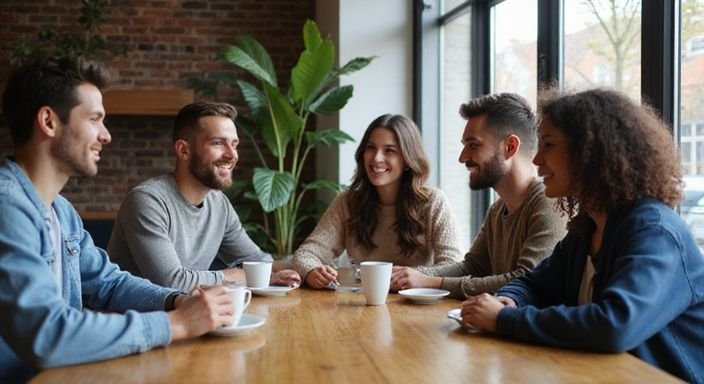Groep jonge volwassenen geniet van elkaar in een gezellige caféomgeving. Groep jonge volwassenen geniet van elkaar in een gezellige caféomgeving.