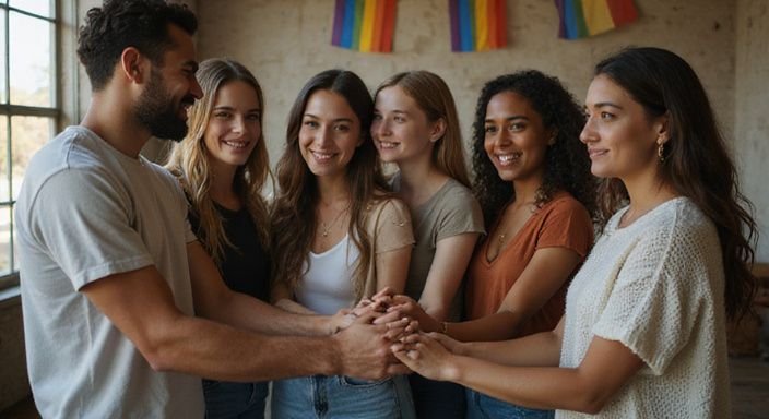 Een diverse groep jonge volwassenen omarmt een gevoel van eenheid. Betekenis LHBTIQ+: Een diverse groep jonge volwassenen omarmt een gevoel van eenheid.