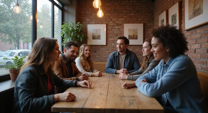 Een diverse groep jongeren geniet van elkaar in een sfeervol café. Een diverse groep jongeren geniet van elkaar in een sfeervol café.