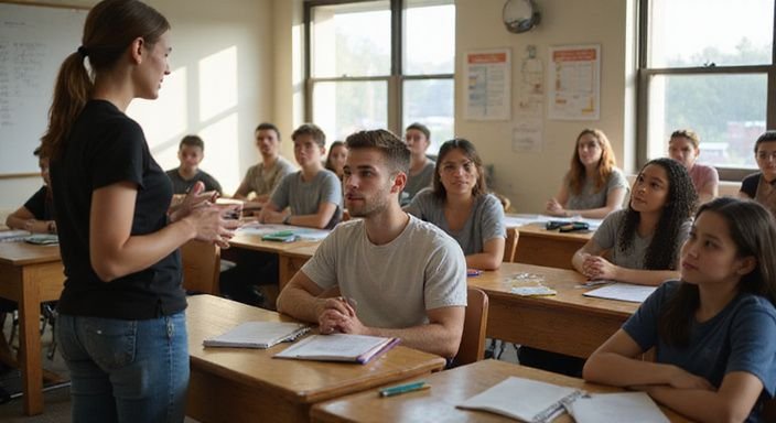 Een transgender student in een moderne klaslokaal met diverse klasgenoten. Een transgender student in een moderne klaslokaal met diverse klasgenoten.