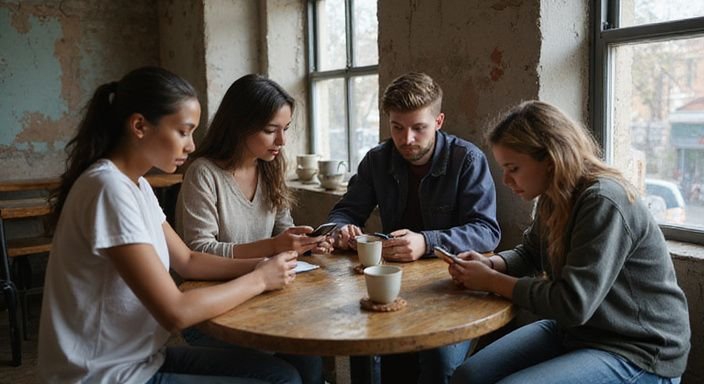 Een diverse groep jonge volwassenen browse internationale transgender datingsites in een café. Een diverse groep jonge volwassenen browse internationale transgender datingsites in een café.