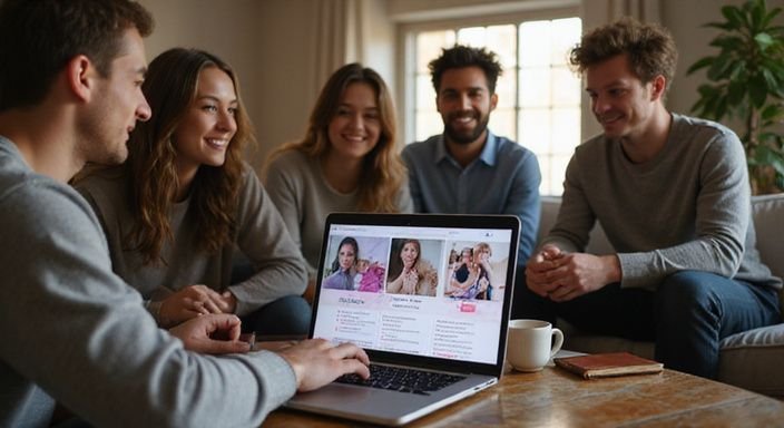 Een diverse groep mensen rondom een laptop met een datingwebsite. Een diverse groep mensen rondom een laptop met een datingwebsite.