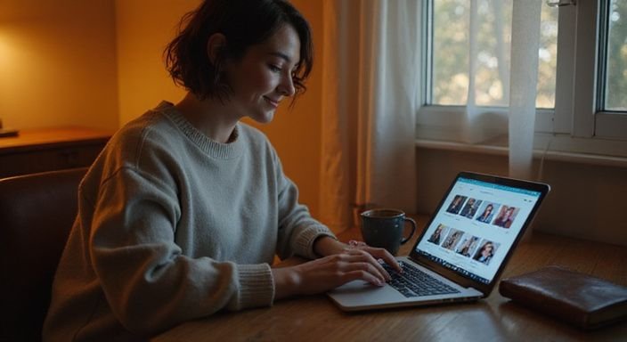 Een transgender vrouw werkt geconcentreerd aan haar laptop aan een bureau. Een transgender vrouw zoekt op haar laptop naar dating voor shemales aan een bureau.