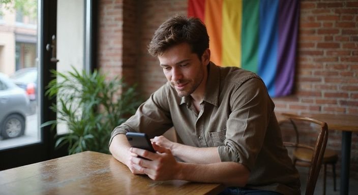 Een ontspannen transgender persoon geniet van een moment in een café. Een ontspannen transgender persoon geniet van een moment in een café en zoekt dating voor shemales.