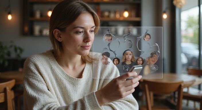 Een persoon in een café bekijkt transgender datingprofielen op een scherm. Een persoon in een café bekijkt transgender datingprofielen op een scherm.