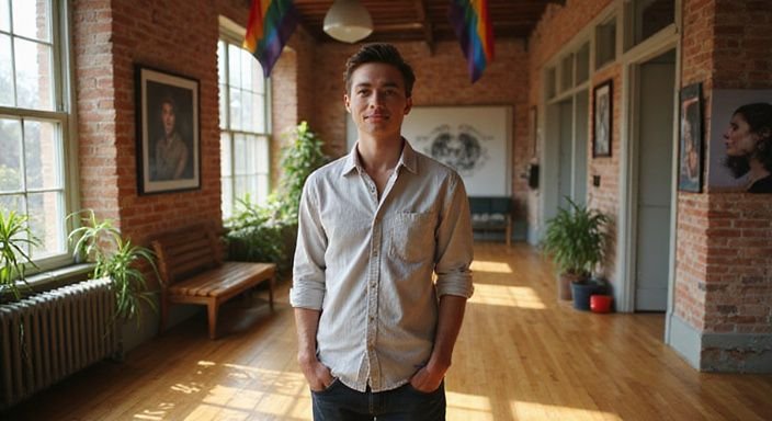 Een persoon staat ontspannen in een levendig LGBTQ+ gemeenschapcentrum. Een persoon staat ontspannen in een levendig LGBTQ+ gemeenschapcentrum.