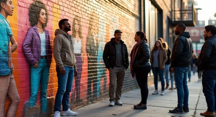 Een levendige muurschildering van transgender individuen in een stedelijke omgeving. Een levendige muurschildering van transgender individuen in een stedelijke omgeving.