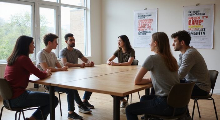 Een diverse groep jongvolwassenen in gesprek in een moderne klas. Een diverse groep jongvolwassenen in gesprek over Wat is een transgender? in een moderne klas.