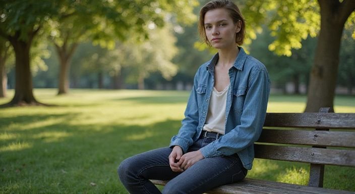 Een tiener zit alleen op een parkbank in gedachten verzonken. Een tiener zit alleen op een parkbank in gedachten verzonken.