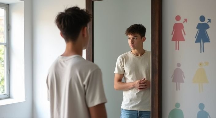 Een persoon reflecteert in een grote spiegel met een introspectieve houding. Een persoon reflecteert in een grote spiegel met een introspectieve houding.