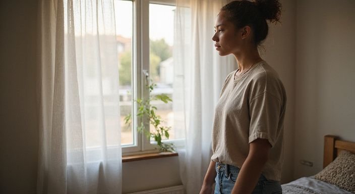 Een jonge volwassene in een eenvoudige slaapkamer, in gedachten verzonken. Een jonge volwassene in een eenvoudige slaapkamer, in gedachten verzonken.