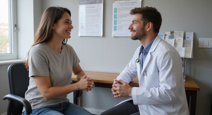 Een ontspannen gesprek tussen een patiënt en arts in een dokterspraktijk. Een ontspannen gesprek tussen een patiënt en arts in een dokterspraktijk.