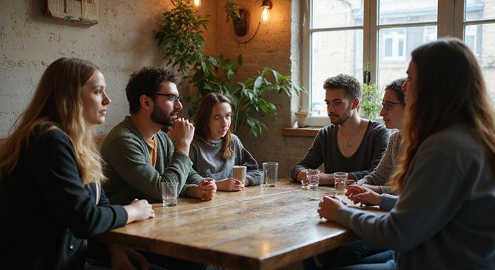 Groep jonge volwassenen bespreekt sexcontact met allochtone transgender vrouwen in een café