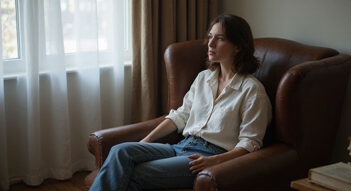 Een persoon in een versleten leren fauteuil, diep in gedachten. Een persoon in een versleten leren fauteuil, diep in gedachten.